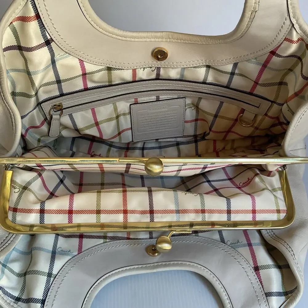 Vintage Coach Ergo 12248 Pleated Kisslock Cream Leather Satchel Y2K